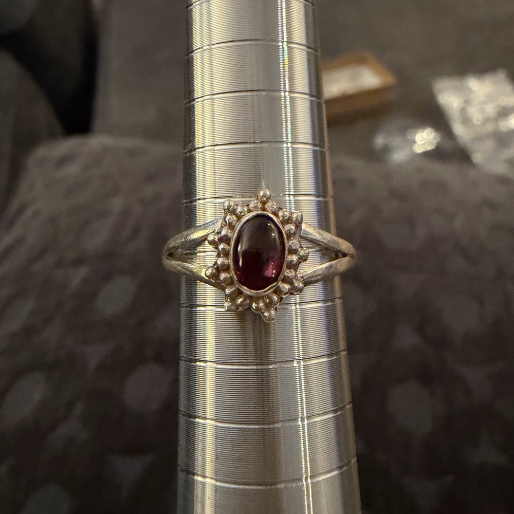 Sterling Silver Garnet Oval Halo Ring - Red